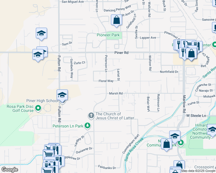 map of restaurants, bars, coffee shops, grocery stores, and more near 1912 Peterson Lane in Santa Rosa