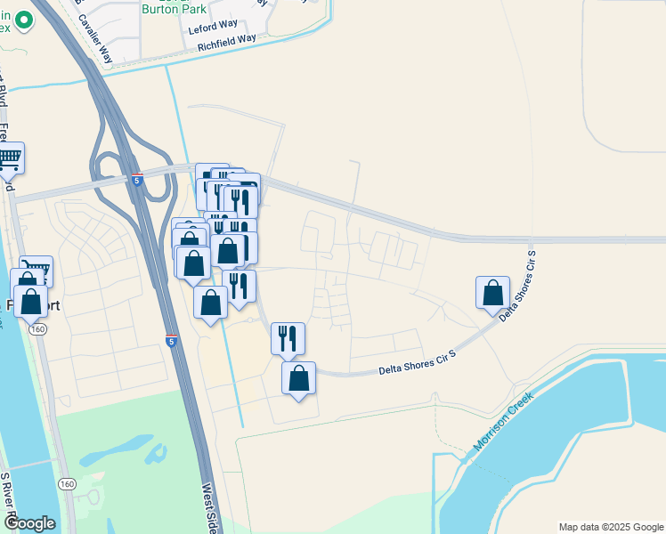 map of restaurants, bars, coffee shops, grocery stores, and more near Beach Lake Road in Sacramento