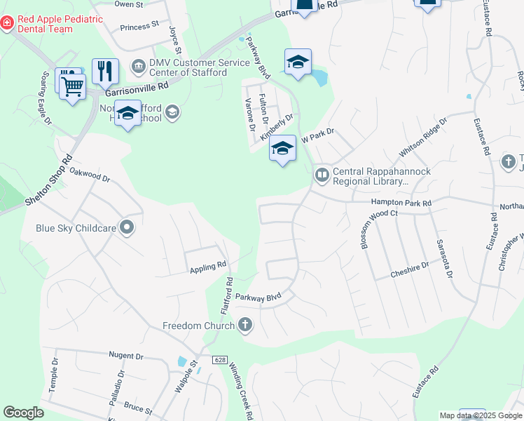 map of restaurants, bars, coffee shops, grocery stores, and more near 23 Regency Drive in Stafford