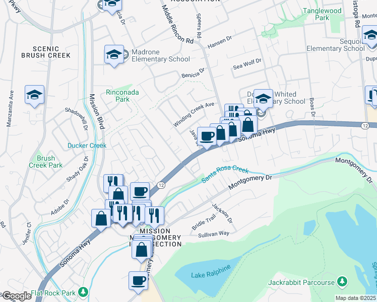 map of restaurants, bars, coffee shops, grocery stores, and more near 373 Breeden Street in Santa Rosa