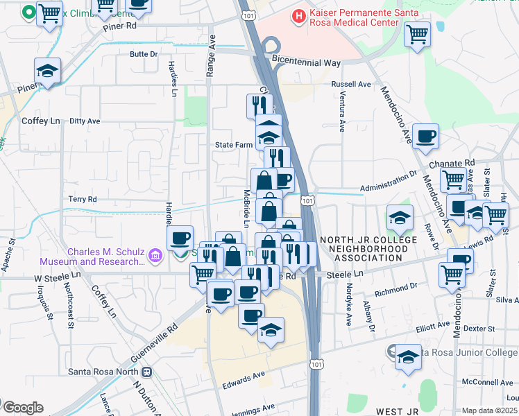 map of restaurants, bars, coffee shops, grocery stores, and more near 2400 McBride Lane in Santa Rosa