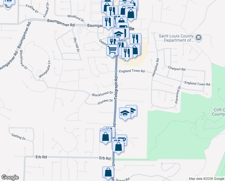 map of restaurants, bars, coffee shops, grocery stores, and more near 5819 Telegraph Road in St. Louis