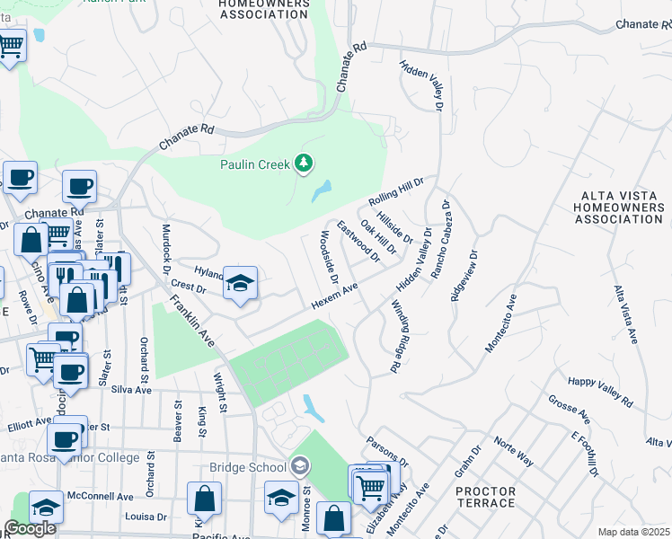 map of restaurants, bars, coffee shops, grocery stores, and more near 2033 Woodside Drive in Santa Rosa