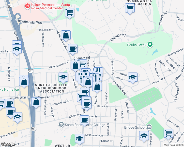 map of restaurants, bars, coffee shops, grocery stores, and more near 2300 Lomitas Avenue in Santa Rosa