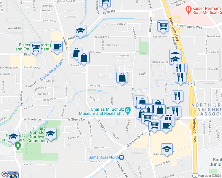 map of restaurants, bars, coffee shops, grocery stores, and more near 1870 Terry Road in Santa Rosa