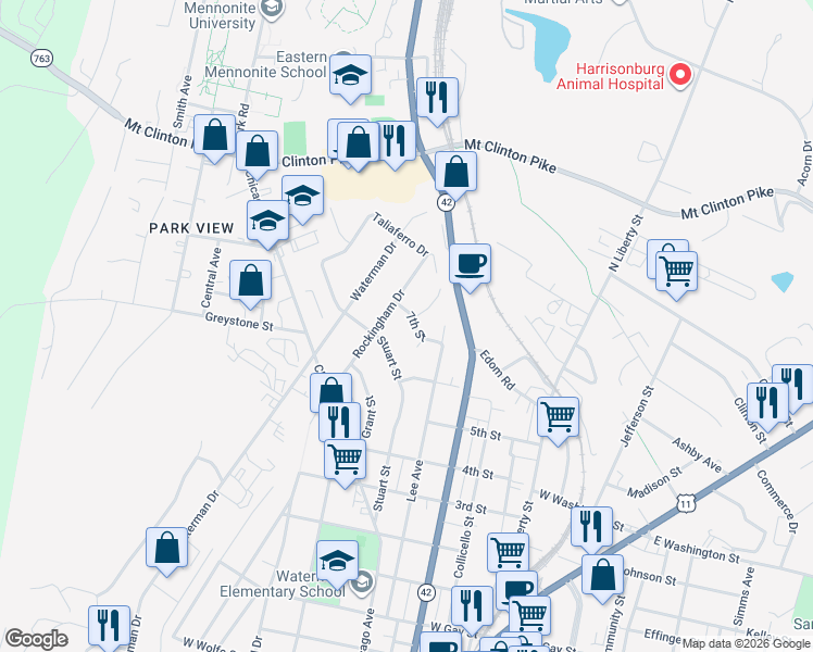 map of restaurants, bars, coffee shops, grocery stores, and more near 320 7th Street in Harrisonburg