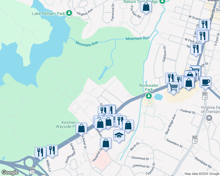 map of restaurants, bars, coffee shops, grocery stores, and more near 660 Country Club Road in Culpeper