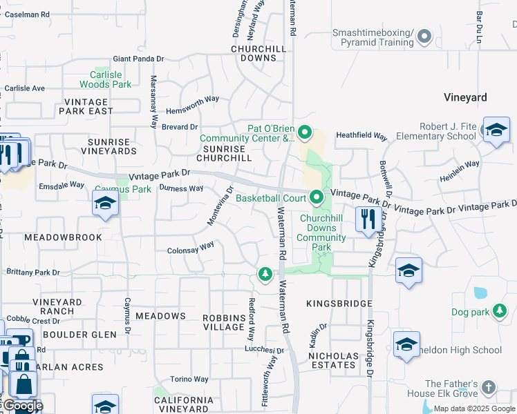 map of restaurants, bars, coffee shops, grocery stores, and more near 8132 Arnside Way in Sacramento