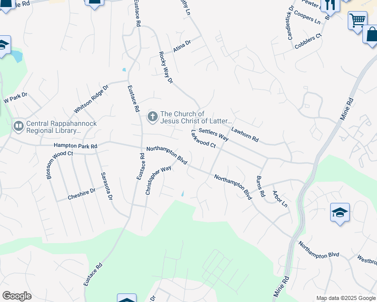 map of restaurants, bars, coffee shops, grocery stores, and more near 9 Cromwell Court in Stafford