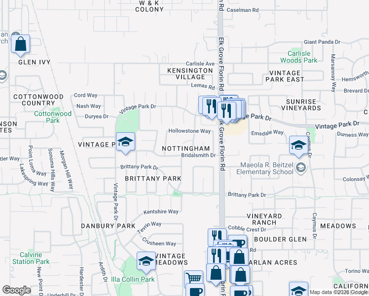 map of restaurants, bars, coffee shops, grocery stores, and more near in Sacramento