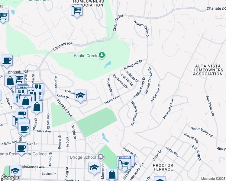 map of restaurants, bars, coffee shops, grocery stores, and more near 2033 Woodside Drive in Santa Rosa