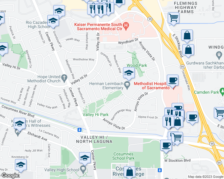 map of restaurants, bars, coffee shops, grocery stores, and more near 6559 Hitchcock Way in Sacramento