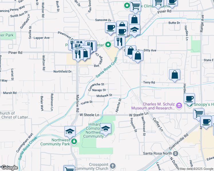 map of restaurants, bars, coffee shops, grocery stores, and more near 3015 Cherokee Avenue in Santa Rosa