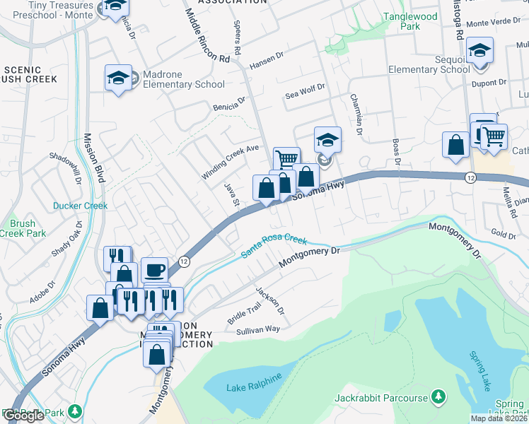 map of restaurants, bars, coffee shops, grocery stores, and more near 4836 Sonoma Highway in Santa Rosa
