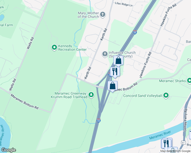 map of restaurants, bars, coffee shops, grocery stores, and more near 4572 Kerth Forest Drive in St. Louis