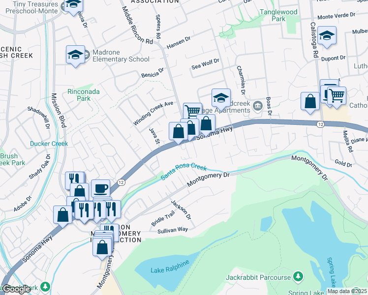 map of restaurants, bars, coffee shops, grocery stores, and more near 4900 California 12 in Santa Rosa