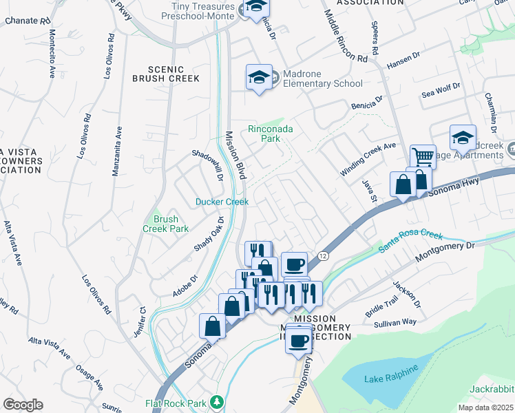 map of restaurants, bars, coffee shops, grocery stores, and more near Sherbrook Drive & Prospect Avenue in Santa Rosa