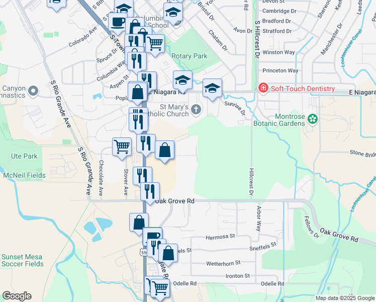map of restaurants, bars, coffee shops, grocery stores, and more near 1685 Encanto Place in Montrose