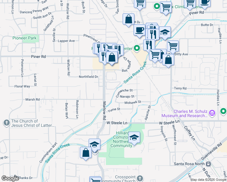 map of restaurants, bars, coffee shops, grocery stores, and more near 2865 Comanche Street in Santa Rosa
