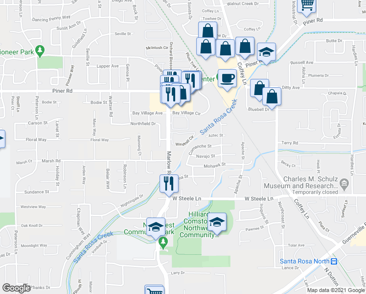 map of restaurants, bars, coffee shops, grocery stores, and more near 2865 Comanche Street in Santa Rosa