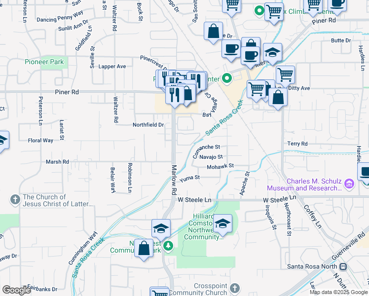 map of restaurants, bars, coffee shops, grocery stores, and more near 2865 Comanche Street in Santa Rosa
