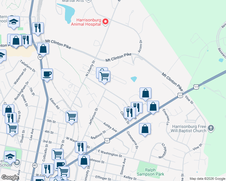 map of restaurants, bars, coffee shops, grocery stores, and more near 180 Charles Street in Harrisonburg