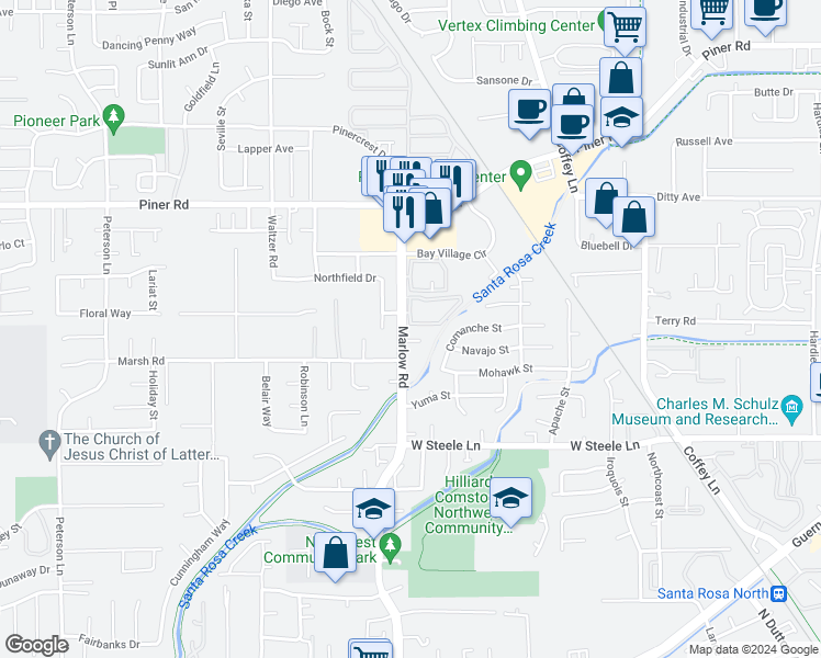 map of restaurants, bars, coffee shops, grocery stores, and more near 1992 Windmill Circle in Santa Rosa
