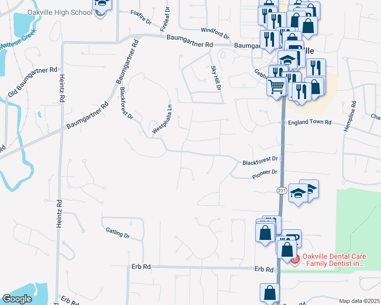 map of restaurants, bars, coffee shops, grocery stores, and more near 2687 Blackforest Drive in St. Louis