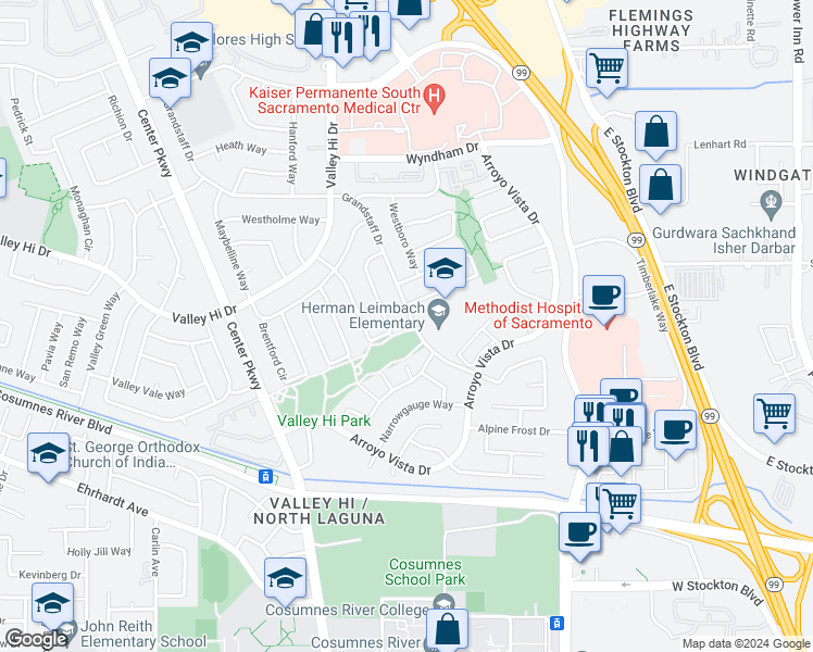 map of restaurants, bars, coffee shops, grocery stores, and more near 8100 Grandstaff Drive in Sacramento
