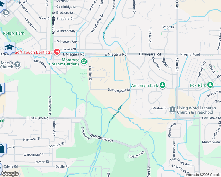 map of restaurants, bars, coffee shops, grocery stores, and more near 2322 Stone Bridge Dr in Montrose