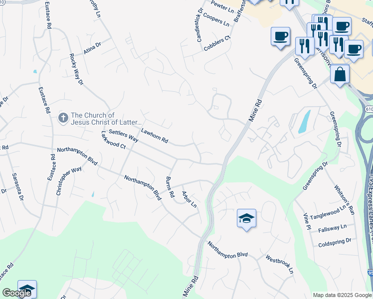 map of restaurants, bars, coffee shops, grocery stores, and more near 5 Lawhorn Road in Stafford