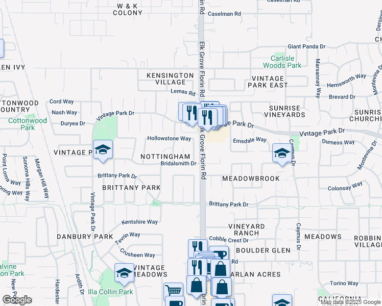 map of restaurants, bars, coffee shops, grocery stores, and more near 8920 Hollowstone Way in Sacramento