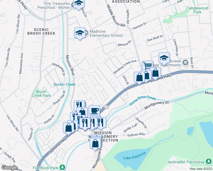 map of restaurants, bars, coffee shops, grocery stores, and more near 657 Acacia Lane in Santa Rosa