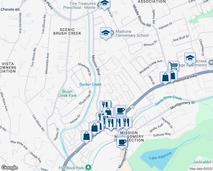 map of restaurants, bars, coffee shops, grocery stores, and more near 1106 Prospect Avenue in Santa Rosa