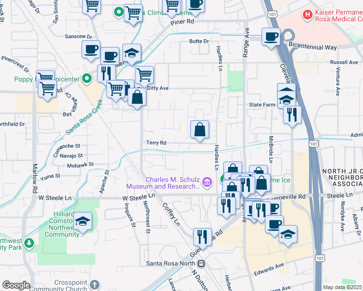 map of restaurants, bars, coffee shops, grocery stores, and more near 1870 Terry Road in Santa Rosa