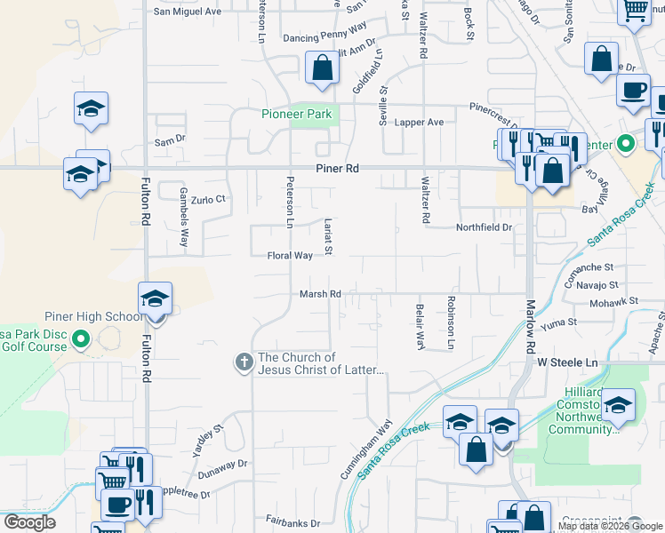 map of restaurants, bars, coffee shops, grocery stores, and more near 2241 Marsh Road in Santa Rosa