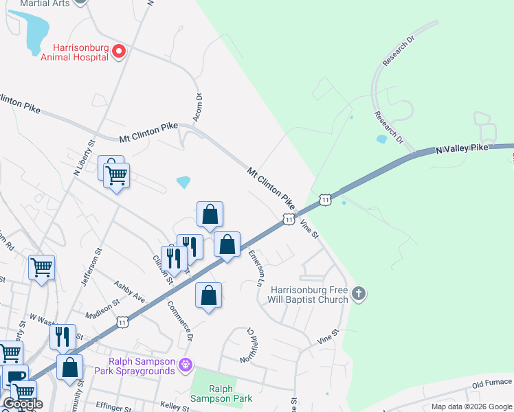 map of restaurants, bars, coffee shops, grocery stores, and more near 1-63 Wilson Avenue in Harrisonburg