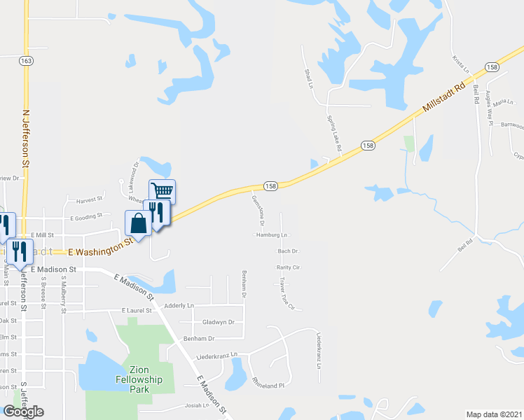 map of restaurants, bars, coffee shops, grocery stores, and more near 11 Gemstone Drive in Millstadt
