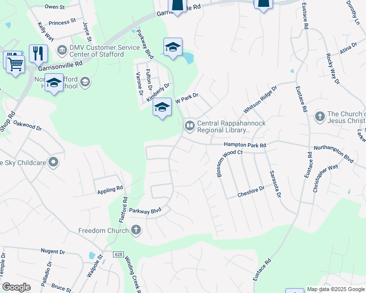 map of restaurants, bars, coffee shops, grocery stores, and more near 7 Candleridge Court in Stafford