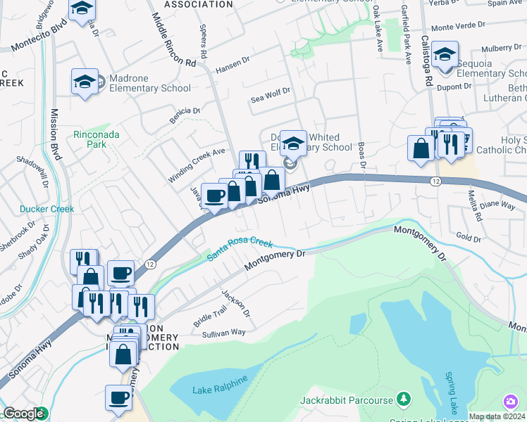 map of restaurants, bars, coffee shops, grocery stores, and more near 4920 California 12 in Santa Rosa