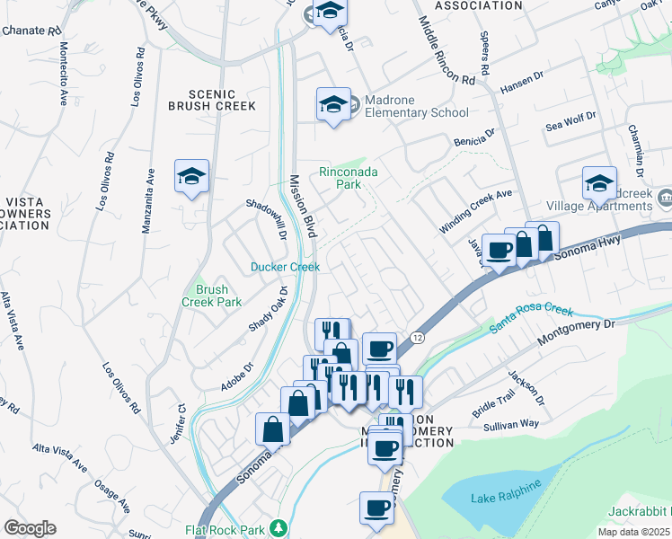 map of restaurants, bars, coffee shops, grocery stores, and more near 1106 Prospect Avenue in Santa Rosa