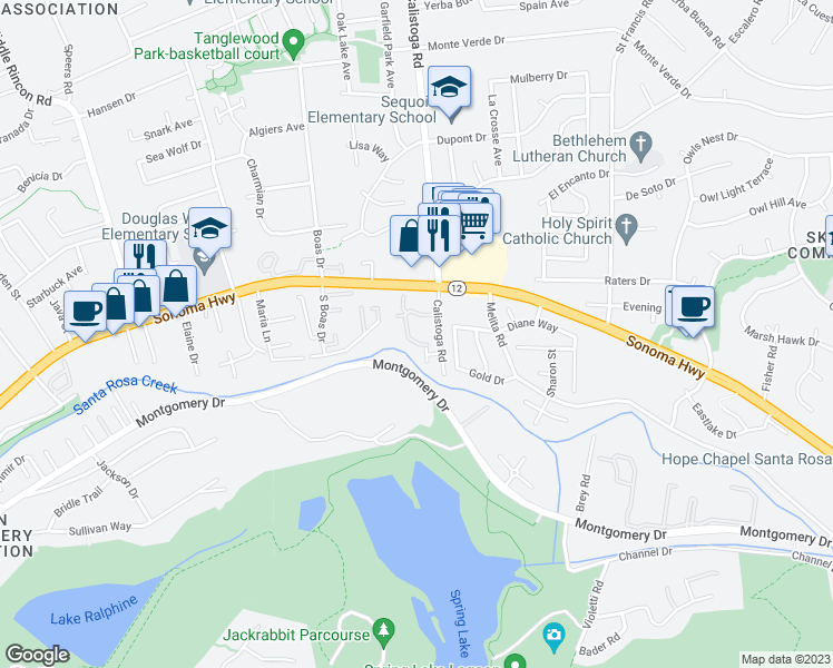 map of restaurants, bars, coffee shops, grocery stores, and more near 5168 Mattson Place in Santa Rosa