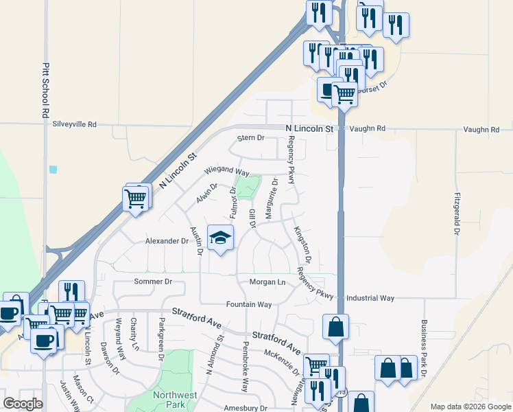 map of restaurants, bars, coffee shops, grocery stores, and more near 1725 Margurite Drive in Dixon