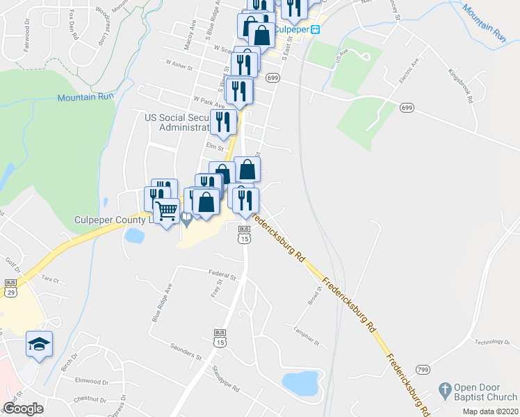 map of restaurants, bars, coffee shops, grocery stores, and more near 1326 Old Fredericksburg Road in Culpeper