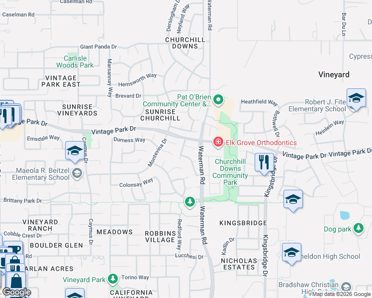 map of restaurants, bars, coffee shops, grocery stores, and more near 8132 Arnside Way in Sacramento