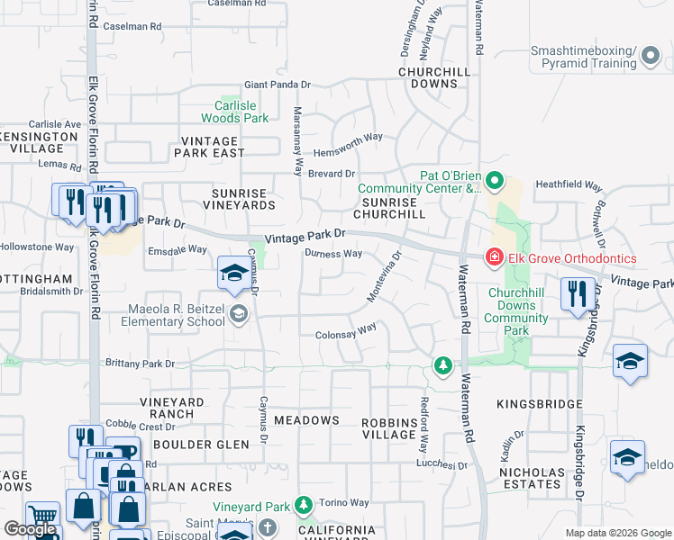 map of restaurants, bars, coffee shops, grocery stores, and more near 9146 Rothsay Way in Sacramento