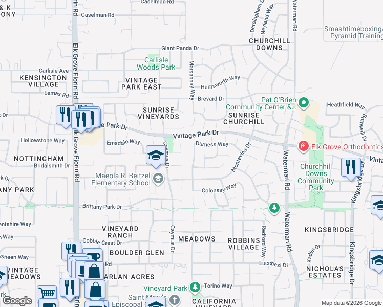 map of restaurants, bars, coffee shops, grocery stores, and more near 9061 Durness Way in Sacramento