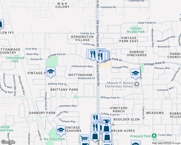 map of restaurants, bars, coffee shops, grocery stores, and more near 8932 Hollowstone Way in Sacramento