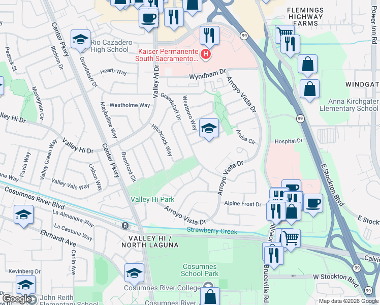 map of restaurants, bars, coffee shops, grocery stores, and more near 6559 Hitchcock Way in Sacramento