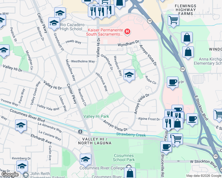 map of restaurants, bars, coffee shops, grocery stores, and more near 6559 Hitchcock Way in Sacramento